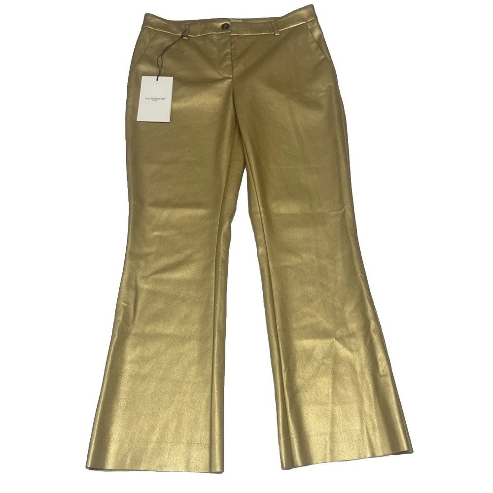 NWT Via Masini 80 Firenze Gold Faux Leather Pants Made In Italy Women's 42